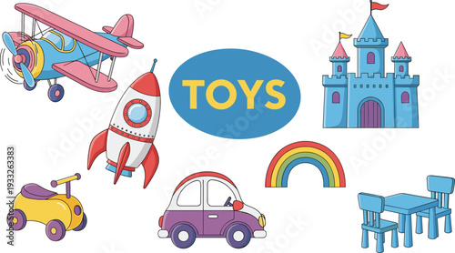 Colorful vector illustration set of children's toys including a blue castle, pink airplane, space rocket, toy car, rainbow, and small table with chairs.