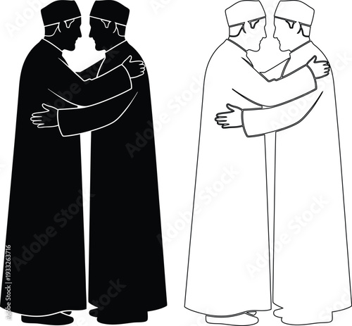Historical depiction of a handshake between religious figures in contrasting attire styles