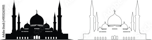 Architectural silhouettes of a mosque and a church against a plain background