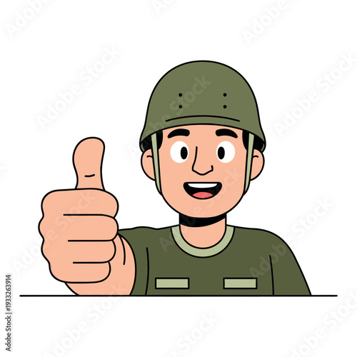 Smiling soldier giving thumbs up in green uniform and helmet