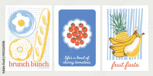 Hand Drawn Dolce Vita Food Poster Set with Abstract Brunch, Tomatoes and Summer Fruits, Vintage Whimsical Vector Illustrations for Kitchen Decor, Cafe and Restaurant Wall Art