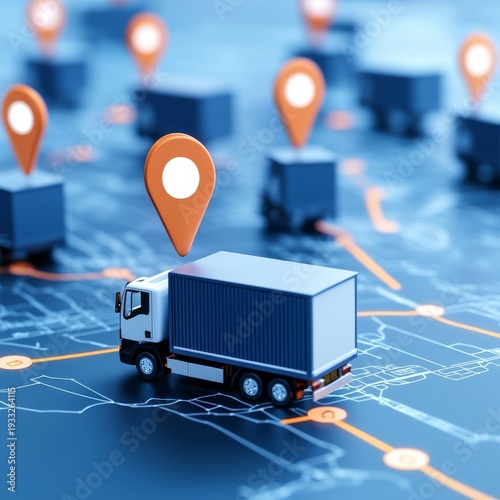 Logistics and Delivery A miniature truck navigates a map with GPS pin markers, symbolizing route optimization and global shipping, 3D rendering, digital art, tracking, supply chain,