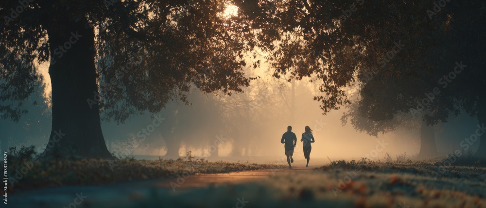 Obraz premium Morning couple running in foggy park. Serene autumn fitness moment with golden sunrise.