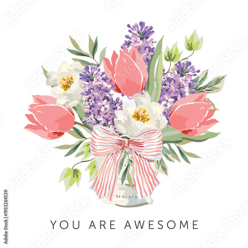Pink tulips, lilac flowers, peonies in the pot, bow, text, white background. Poster, banner template. Vector illustration. Spring garden. Floral design