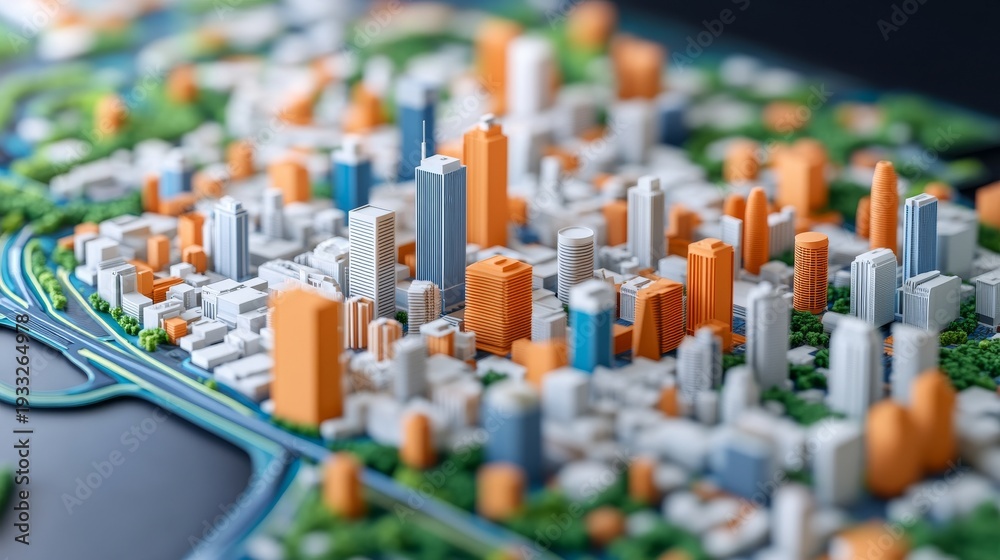 Obraz premium Miniature Cityscape Model Detailed Focus on Architecture and Infrastructure, Macro Photography, Conceptual Art, Urban Planning, Architecture, Miniatures, Futuristic City