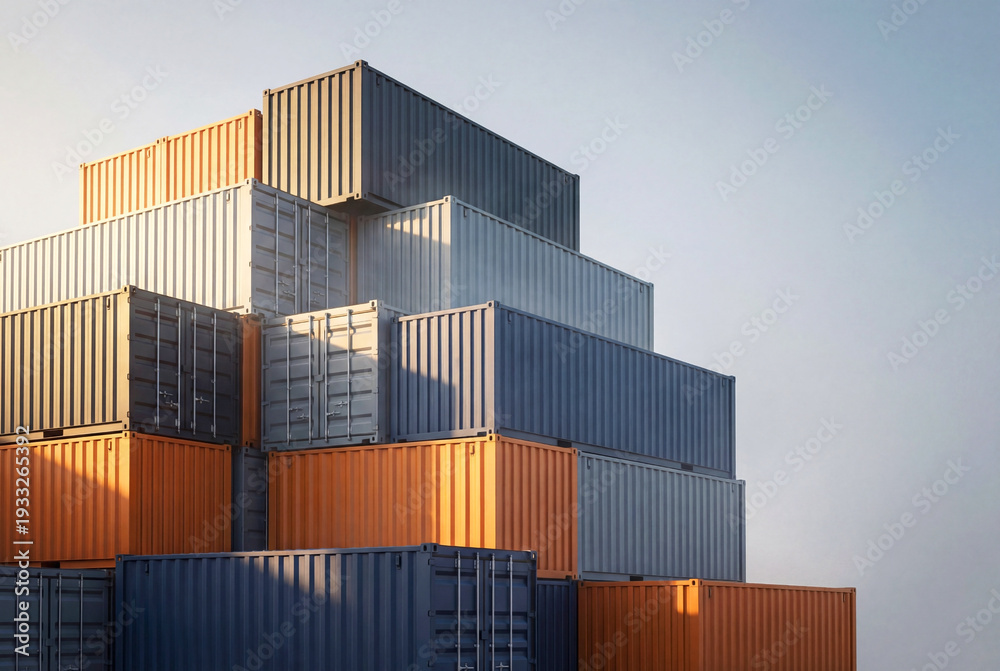 Fototapeta premium Industrial scene of stacked cargo shipping containers illuminated by warm sunset light. Concept of global logistics, international trade, supply chain management and import export business.
