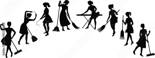 Silhouettes of women cleaning, sweeping floor, mopping, ironing clothes, house chores, domestic work, home cleaning, housekeeper, daily routine, black vector