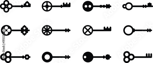 Various key vector icons illustrating concepts like security, privacy, access, unlock, password, solution, success, and digital protection.