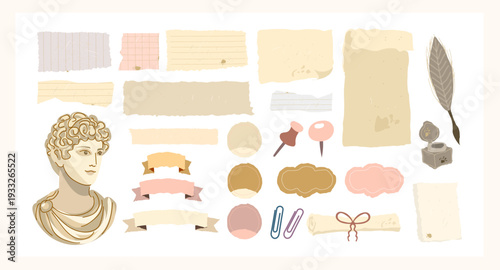 Vintage journaling clipart set with torn paper scraps, parchment notes, ribbons, labels, wax seal, quill and ink. Soft neutral palette for scrapbooking, planners, collages and branding.