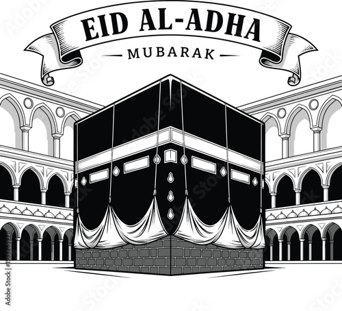 Eid al-adha celebration featuring the kaaba in mecca with traditional decoration Vector
