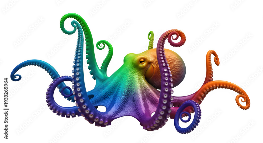 Obraz premium Vibrant rainbow octopus stretching colorful tentacles in playful underwater scene