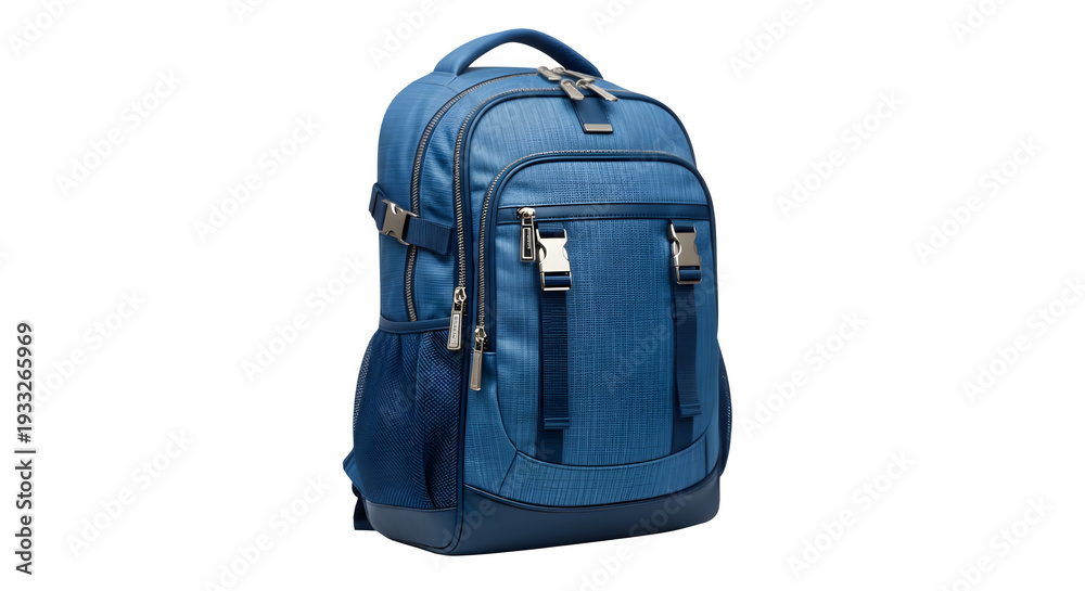 Fototapeta premium Stylish blue backpack with silver zippers and buckles for daily use