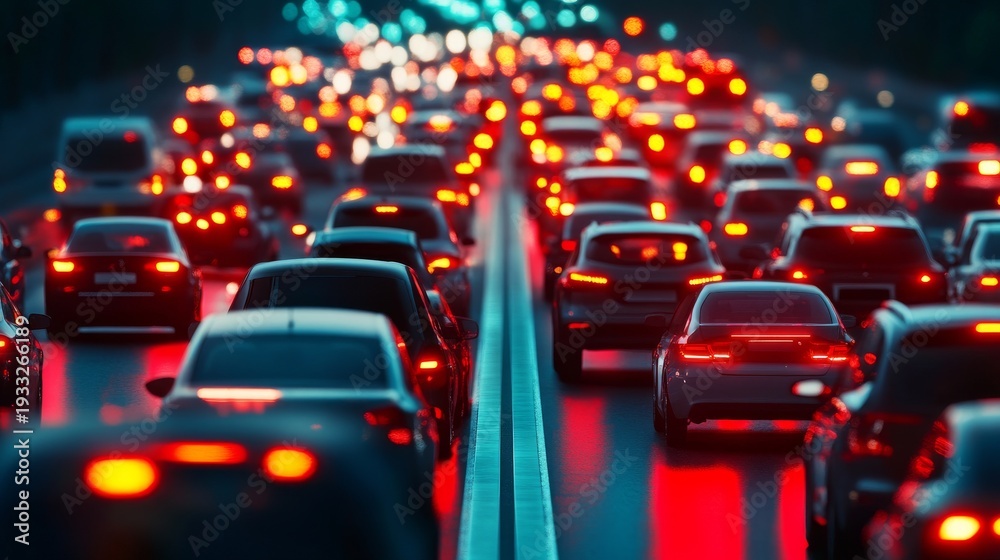 Obraz premium Nighttime Highway Congestion A Deep Dive into Brake Lights and Bokeh, Capturing the Stark Reality of Urban Gridlock. Traffic Jam, Cityscape