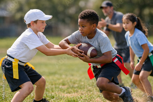 Youth flag football drill on sunny outdoor field