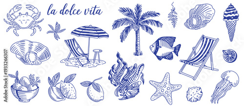 Hand Drawn Summer Illustration Set in Italian Dolce Vita Style, Minimalist Doodle Line Art with Lemon, Palm Tree, Cocktails, Sun, Sea and Seashells in Chalk Charcoal for Poster and Placard