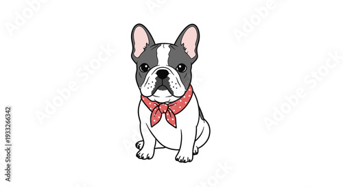 Cute cartoon French bulldog illustration sitting with a red polka dot bandana. Adorable pet dog vector art on white background.
