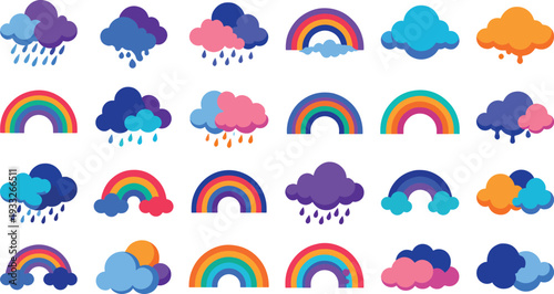 Collection of various colorful rainbows and stylized rain clouds in different hues, representing weather and nature elements
