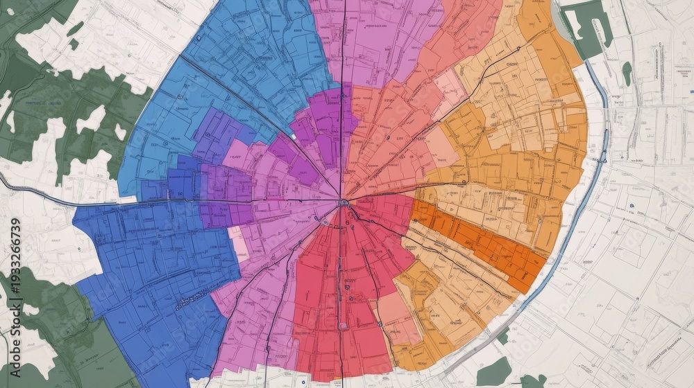 Obraz premium Radial City Map Urban Sectors in Vibrant Hues, Detailed Cartography, Zoning Concept, City Planning, Mapping, Cartography
