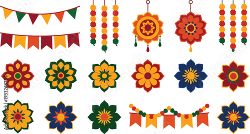 Decorative holi festival garlands and flowers for indian holiday celebration and traditional event isolated on transparent background vector