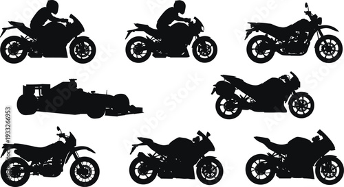 Silhouettes of various motorcycles and racing car, vector collection of motorbike shapes, sportbike rider, automotive icons, black solid transport illustration, speed concept design