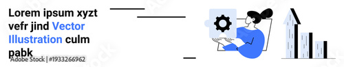 Business management, workflow process, data visualization, teamwork, analytics, goal setting. Woman holding gear icon, bar chart rising. Business management and workflow process concepts