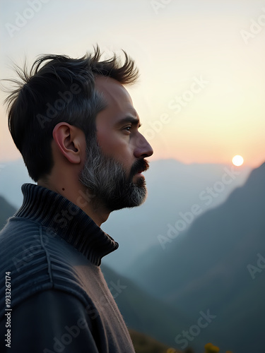 A man stands on a mountain ridge watching the sunset. He has a beard and hair, wearing a warm sweater. The sun sets behind distant mountains, creating a colorful sky.