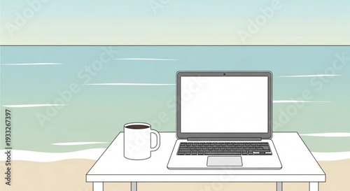 Laptop and coffee on beachside table with ocean view on transparent background