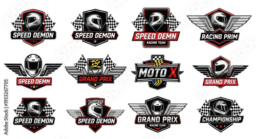 Collection of motorcycle racing emblems and logos with various designs and styles.