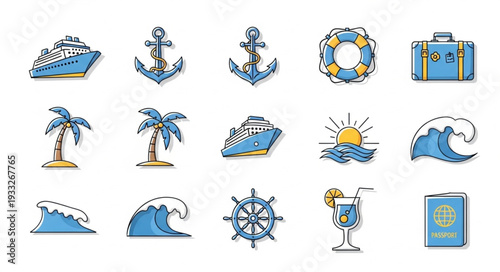 Collection of nautical and travel themed icons and illustrations.