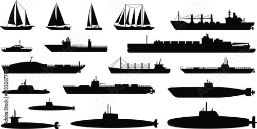 Silhouettes of various ships and submarines, sailboats, cargo vessels, naval submarines, maritime transportation, sea vessels, nautical illustration, marine fleet, vector design