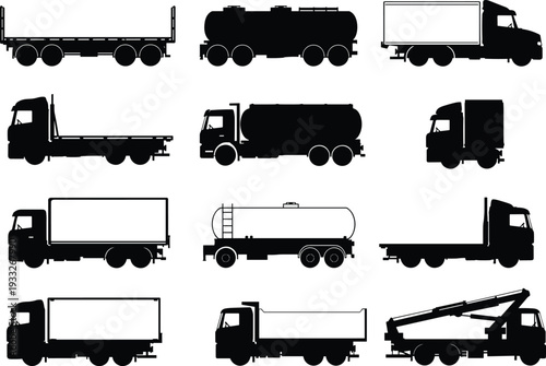 Silhouettes of various trucks and trailers, heavy vehicles, transportation icons, logistics symbols, cargo trucks, flatbed, tanker, crane trucks, vector set