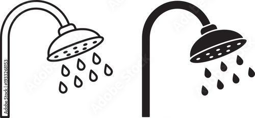 Black and white shower head with water droplets falling also transparent background bathroom