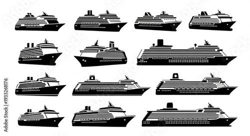 Collection of various cruise ship silhouettes, perfect for travel and tourism designs.