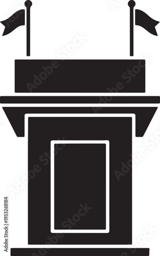 Black and white podium with two flags and rectangular cutout in front also transparent background