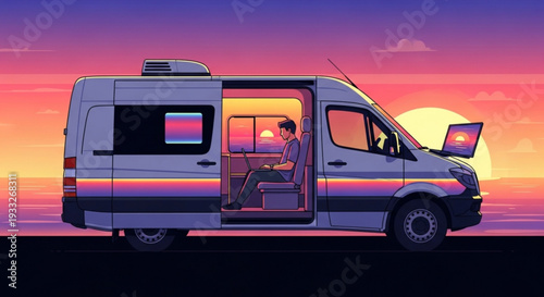 Man relaxing inside a camper van at sunset on a beach with a serene ocean view on transparent background