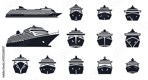 Collection of various cruise ship silhouettes in different perspectives for design elements.