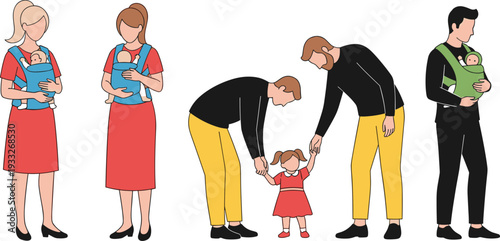 Set of Modern Parents with Babies in Carriers and Father Helping Child Walk, Childcare and Parenting Concept Vector Illustration