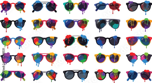 Sunglasses with holi paint splatters set featuring various frame styles and colorful stains for summer festival celebration and trendy eyewear design graphic collection