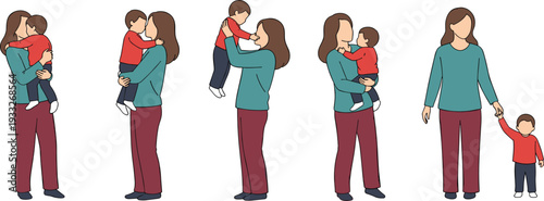 Set of Mother and Toddler Character Poses, Happy Motherhood and Bonding Moments Vector Illustration