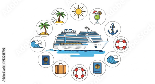 Cruise ship surrounded by travel icons, representing vacation and adventure, ready to sail.
