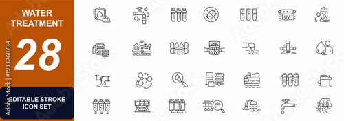Water treatment line editable icon set. Filtration system, sewage pipeline, ultraviolet purifier, pump tank, carbon filter. Editable stroke. Vector illustration.