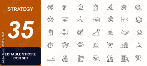Strategy editable icon set. Growth chart, leadership path, workflow plan, idea bulb, risk shield, team diagram. Editable stroke. Vector illustration.