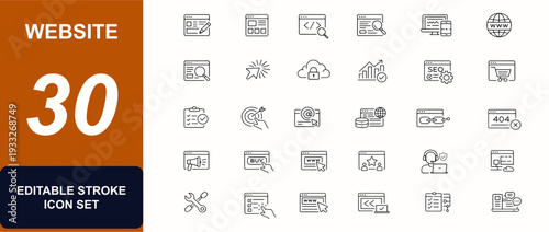 Website line editable icon set. Hosting server, browser interface, ecommerce shop, SEO search, blog content, domain security. Editable stroke. Vector illustration.