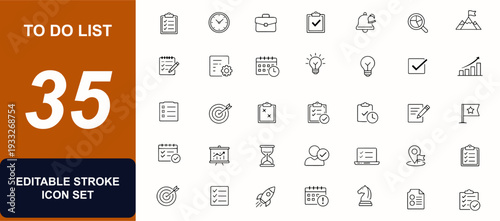To do list editable line icon set. Clipboard checklist, checkmark task, deadline planner, agenda workflow, project timeline, productivity target. Editable stroke. Vector illustration.