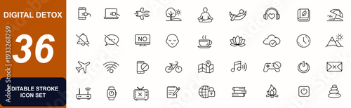 Digital Detox line editable icon set. Mindfulness, airplane mode, offline break, no phone, wifi router, social pause, laptop sleep icon. Editable stroke. Vector illustration.