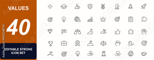 Values editable line icon set. Integrity, handshake, leadership, trust, mission, teamwork, target, loyalty, responsibility, excellence, vision. Editable stroke. Vector illustration.