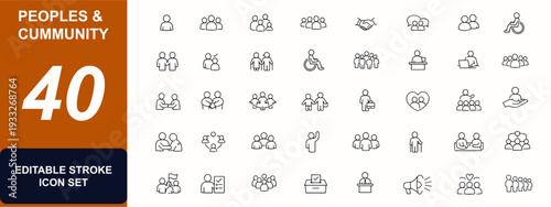 People line editable icon set. Community network, handshake, team leadership, family unity, audience diversity, meeting collaboration. Editable stroke. Vector illustration.