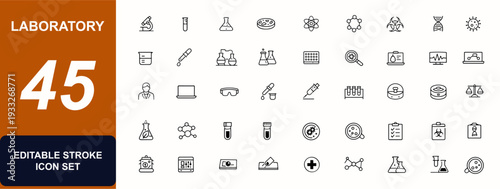 Laboratory icon set. Microscope, test tube, flask, chemistry, biology, research, scientist, lab equipment, analysis, biotechnology, pipette. Editable stroke. Vector illustration.