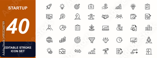 Startup editable icon set. Rocket launch, growth chart, investor meeting, prototype, team collaboration, contract signing. Editable stroke. Vector illustration.