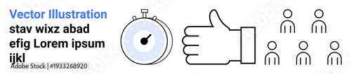Efficiency, approval processes, teamwork, time tracking, leadership, group dynamics. Stopwatch, thumbs-up symbol and small group sketch. Efficiency and approval processes visualization